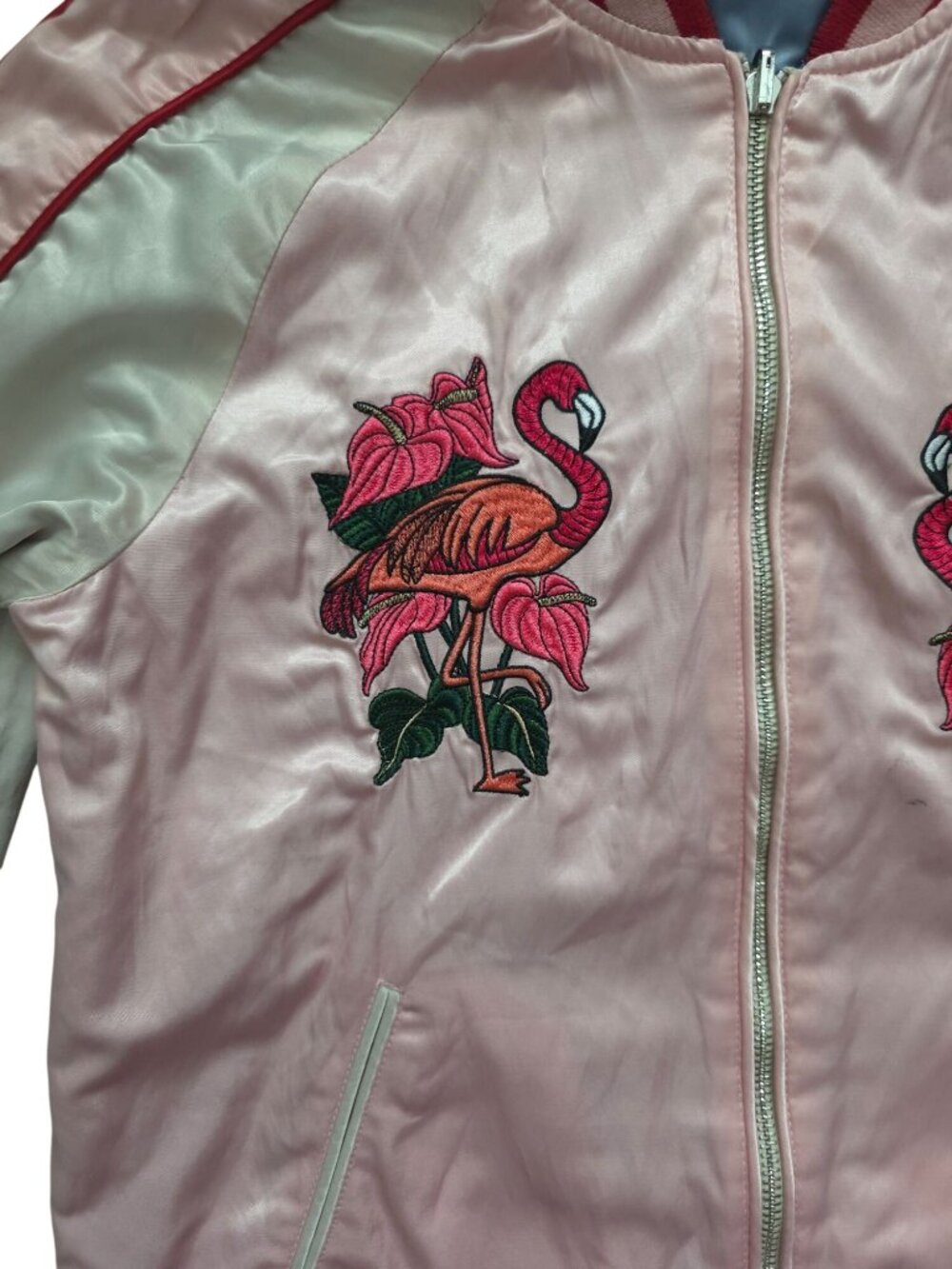Guess Shirley Reversible Embroidered Tiger & Flamingo Satin Bomber Jacket Sz M - Picture 6 of 14